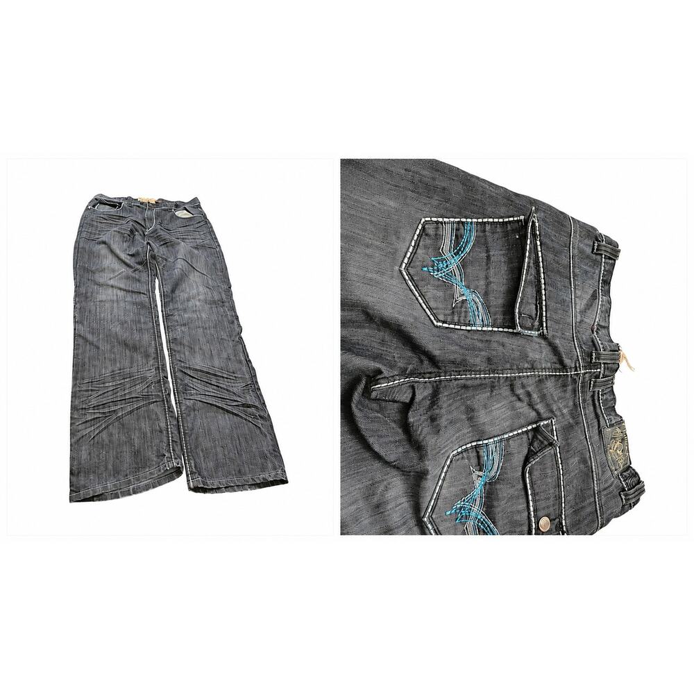 Emcee Premium Men's 40x34 Bootcut Jeans Dark Blue Y2K Embroidered Pockets